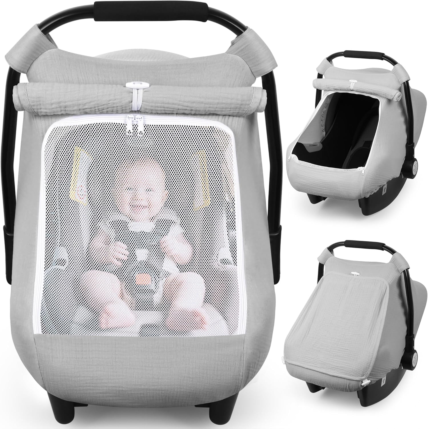 Rquite baby car seat cover front view fitted on an infant carrier.