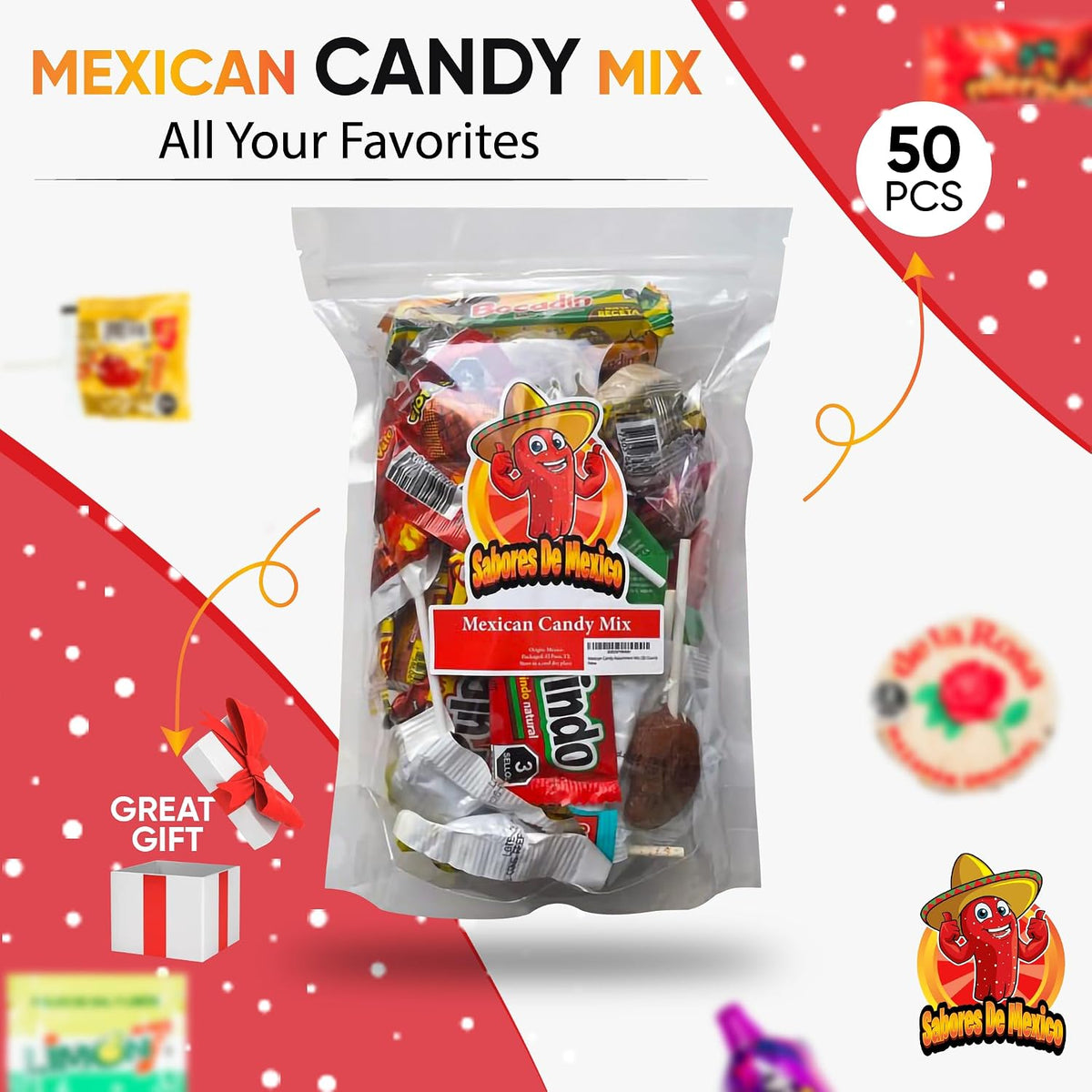 Sabores De Mexico party snack box assortment filled with fifty treats