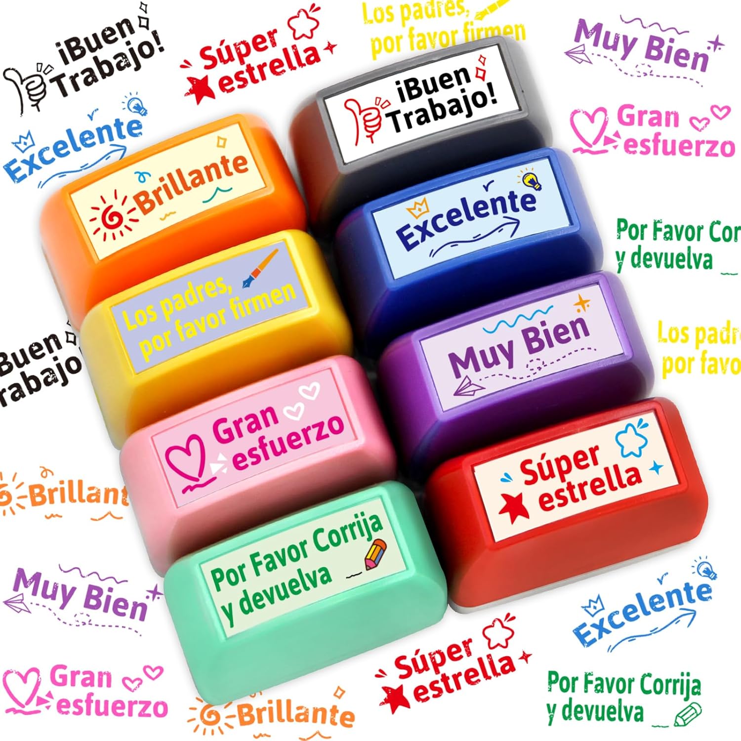 Fancy Land Spanish Teacher Stamp Set front view showing 8 colorful self-inking grading stamps in a clear tray.