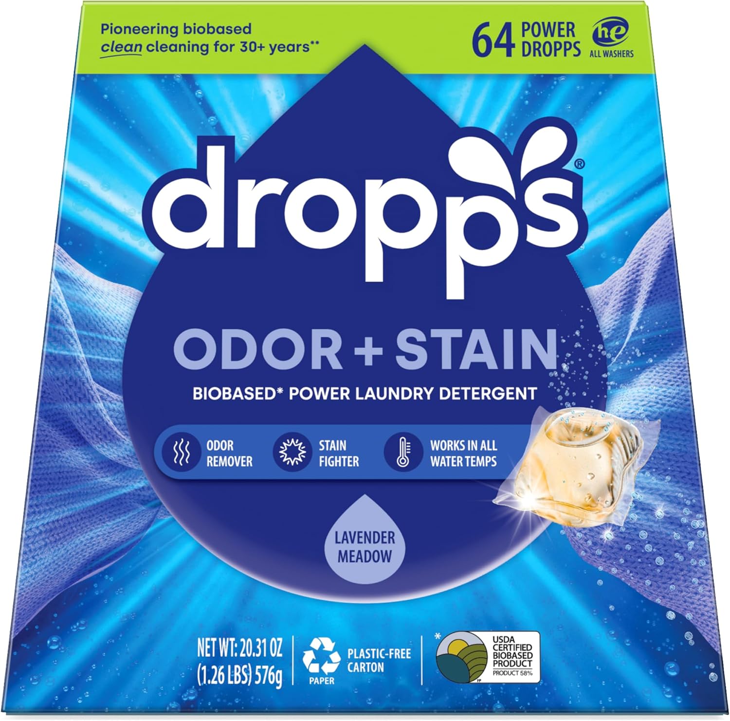 Dropps Lavender Meadow Odor and Stain laundry pods front packaging view.