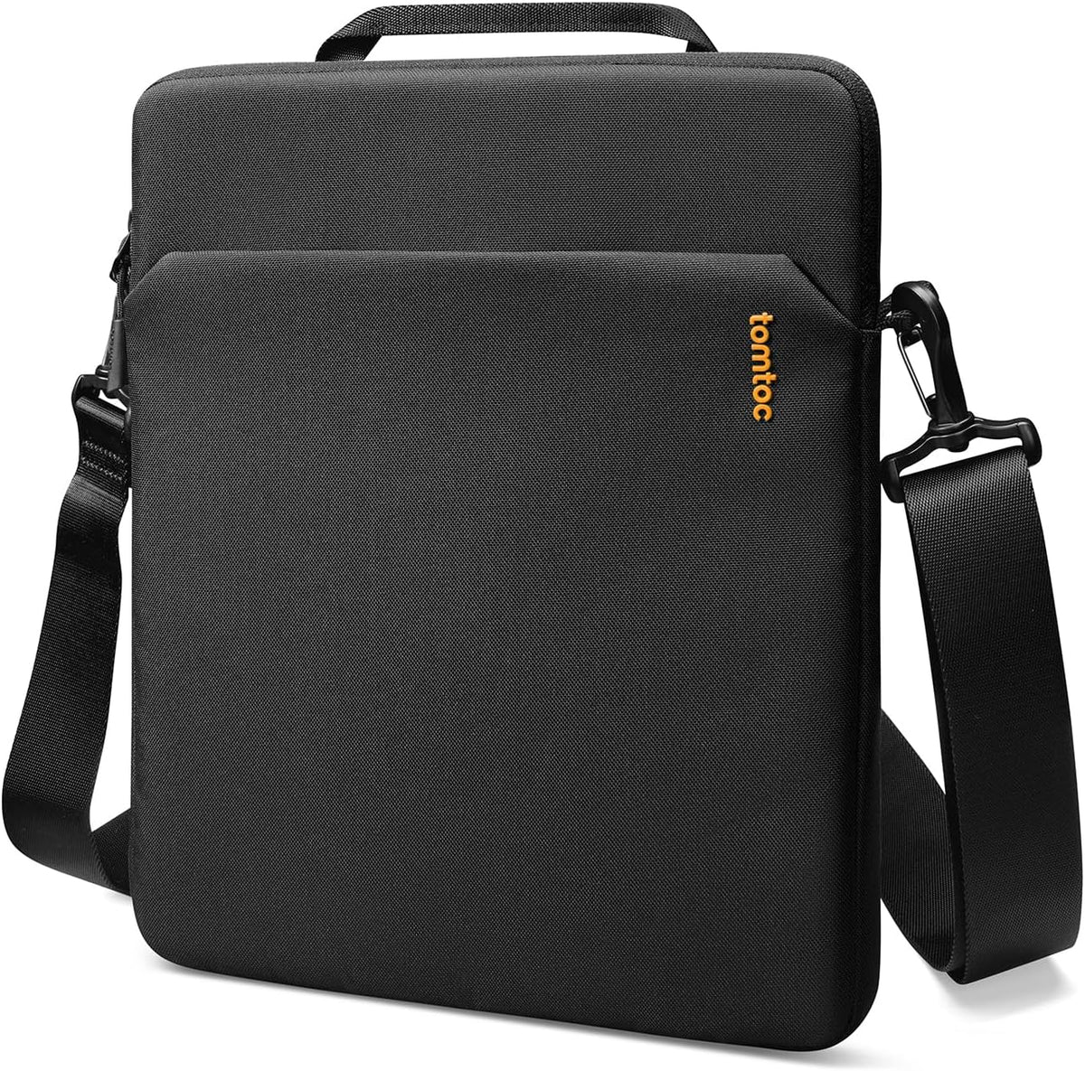 Tomtoc Light-B19 Slim 13 Inch iPad Shoulder Bag front view showing premium eco-friendly fabric and orange accent logo.