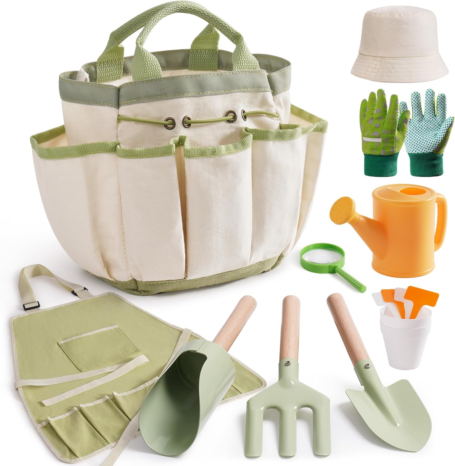 ROBOTIME kids gardening tools seventeen pieces set front view showing metal shovel and tote bag