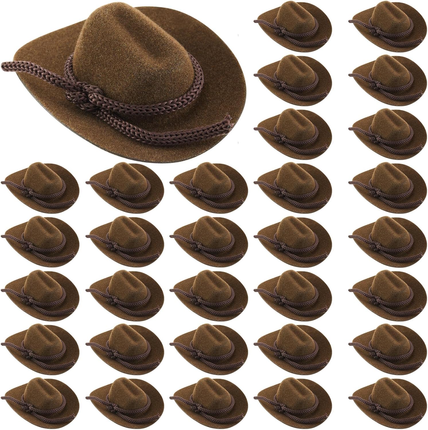 Hercicy mini cowboy hat pack front view showing 24 pieces of brown miniature western caps for doll decorations.
