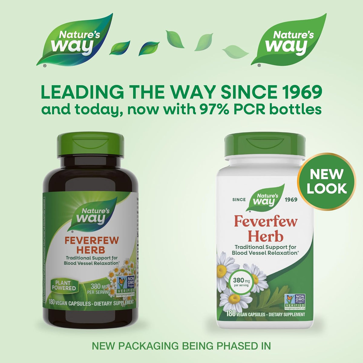Nature's Way Feverfew supplement label and serving size details