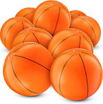 Bedwina inflatable basketball pack of twelve showing the front view of an inflated orange beach ball with black stripes.
