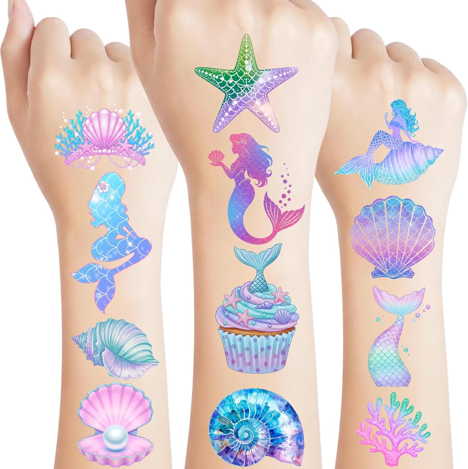 Backtopeia mermaid temporary tattoos front view showing colorful ocean themed sheets for kids party decorations.