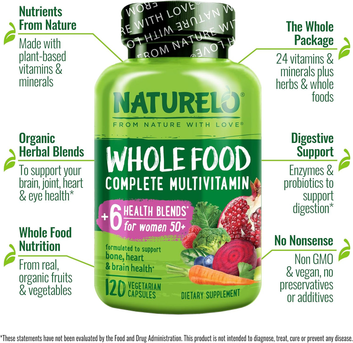 Naturelo 50+ multivitamin capsules bottle label details