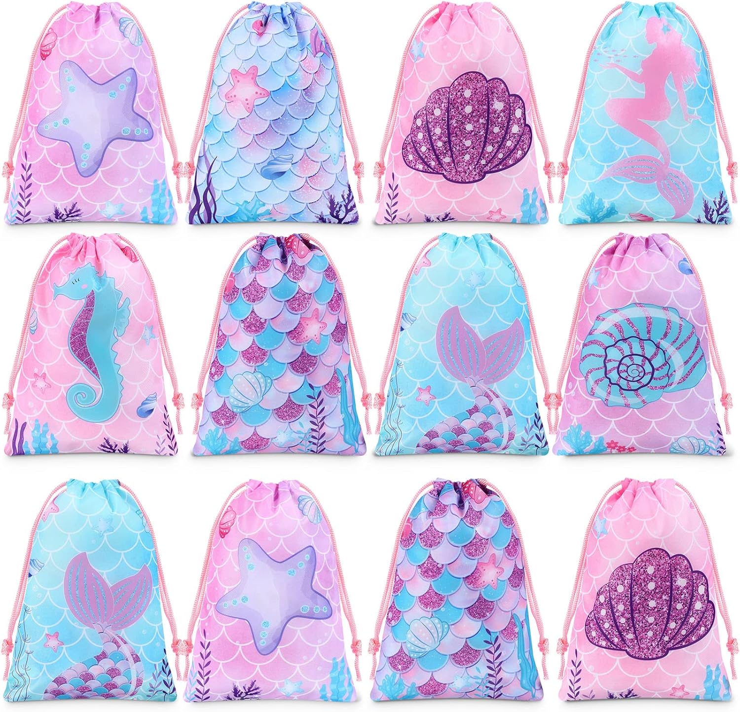 Clabby mermaid drawstring backpack front view showing vibrant fish scales design for kids return gifts.