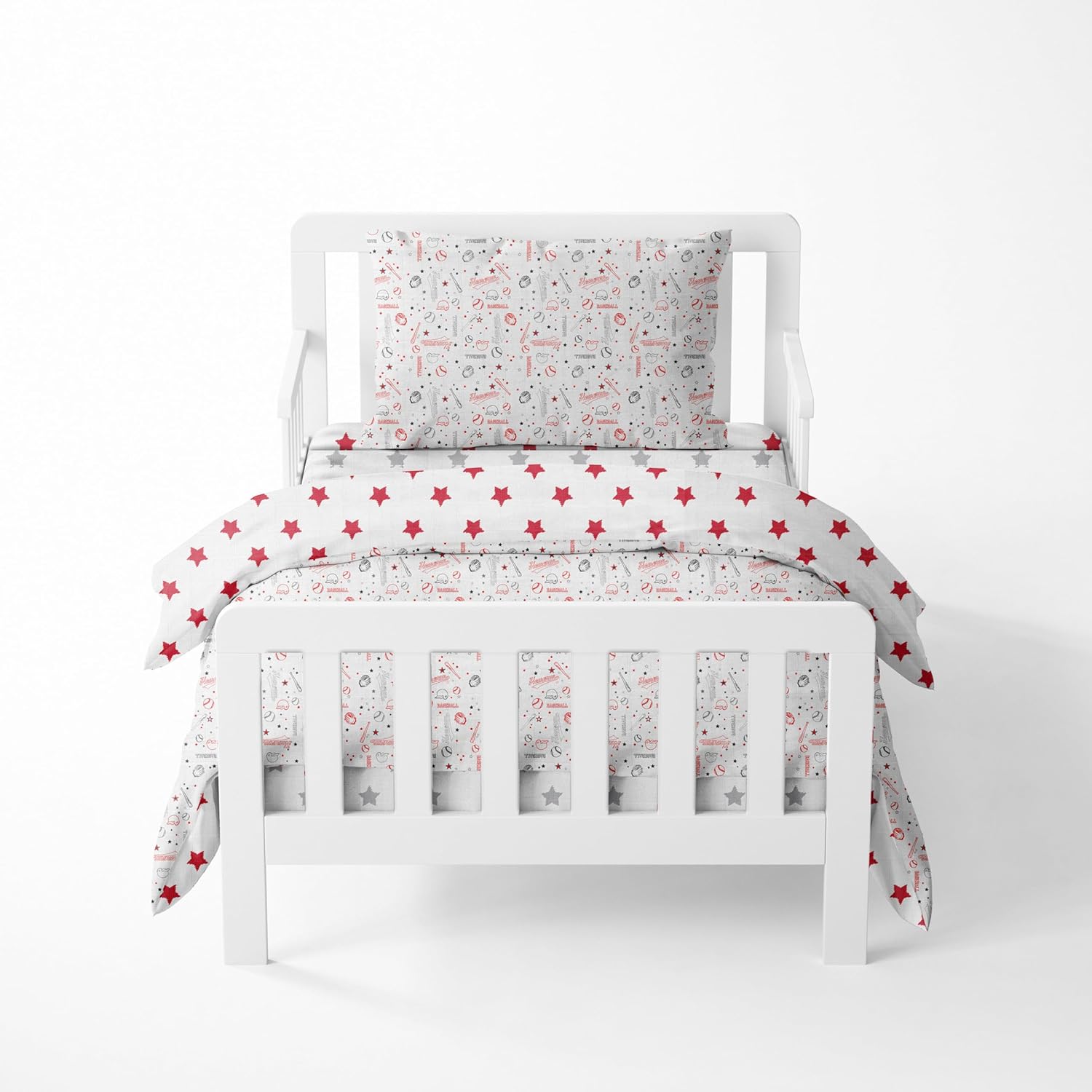 Bacati Muslin Sports Four Piece Boys Toddler Bedding Set front view featuring baseball theme in red and grey.