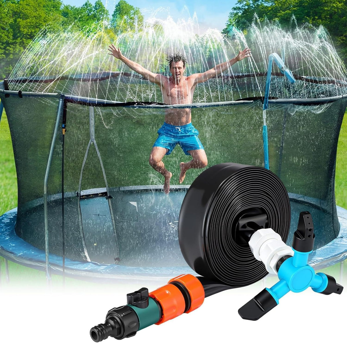 Klyyo Clyro 6 Piece Trampoline Sprinkler Kit front view showcasing the complete outdoor backyard cooling accessories bundle
