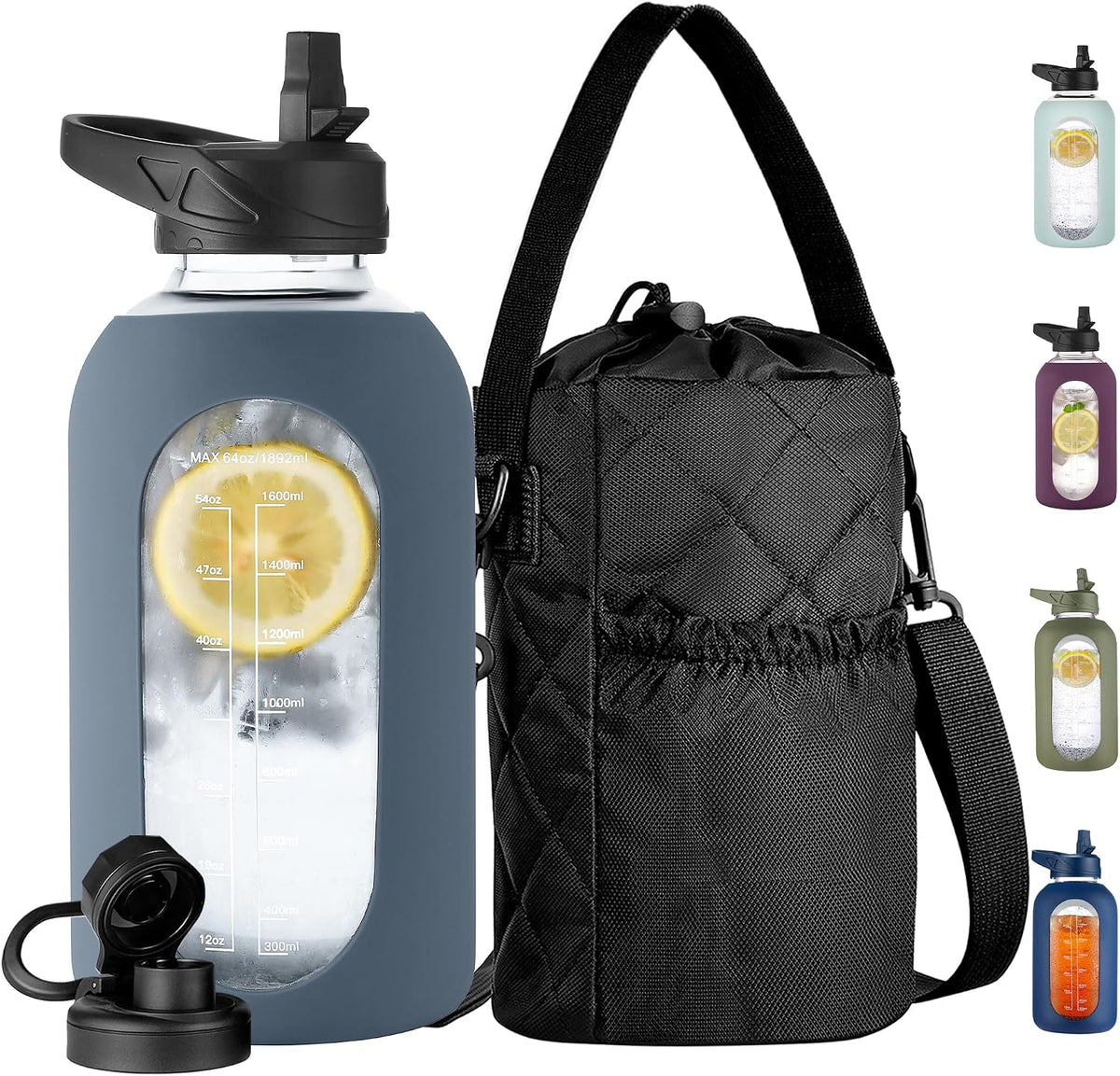 CIVAGO 64 oz Glass Water Bottle with Straw and Insulated Bottle Holder | Half Gallon Motivational Water Jug with Time Marker and Silicone Sleeve, Large Leakproof Water Flask with 2 Lids, Black - Image 9