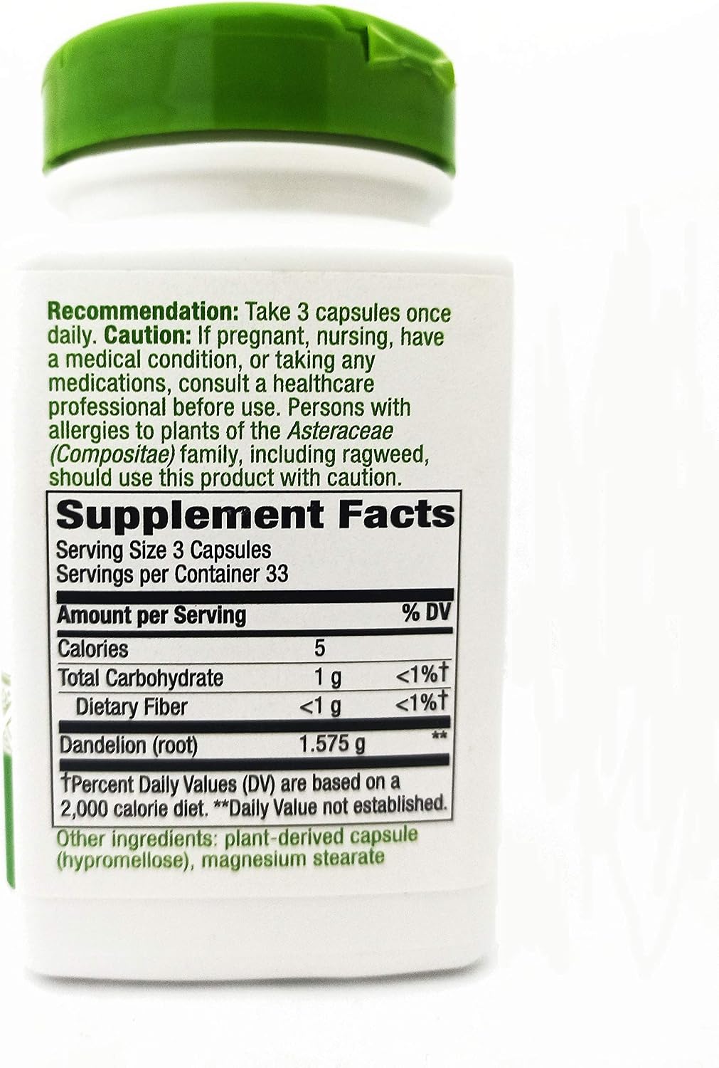 Nature's Way Dandelion Root supplement facts and ingredient label