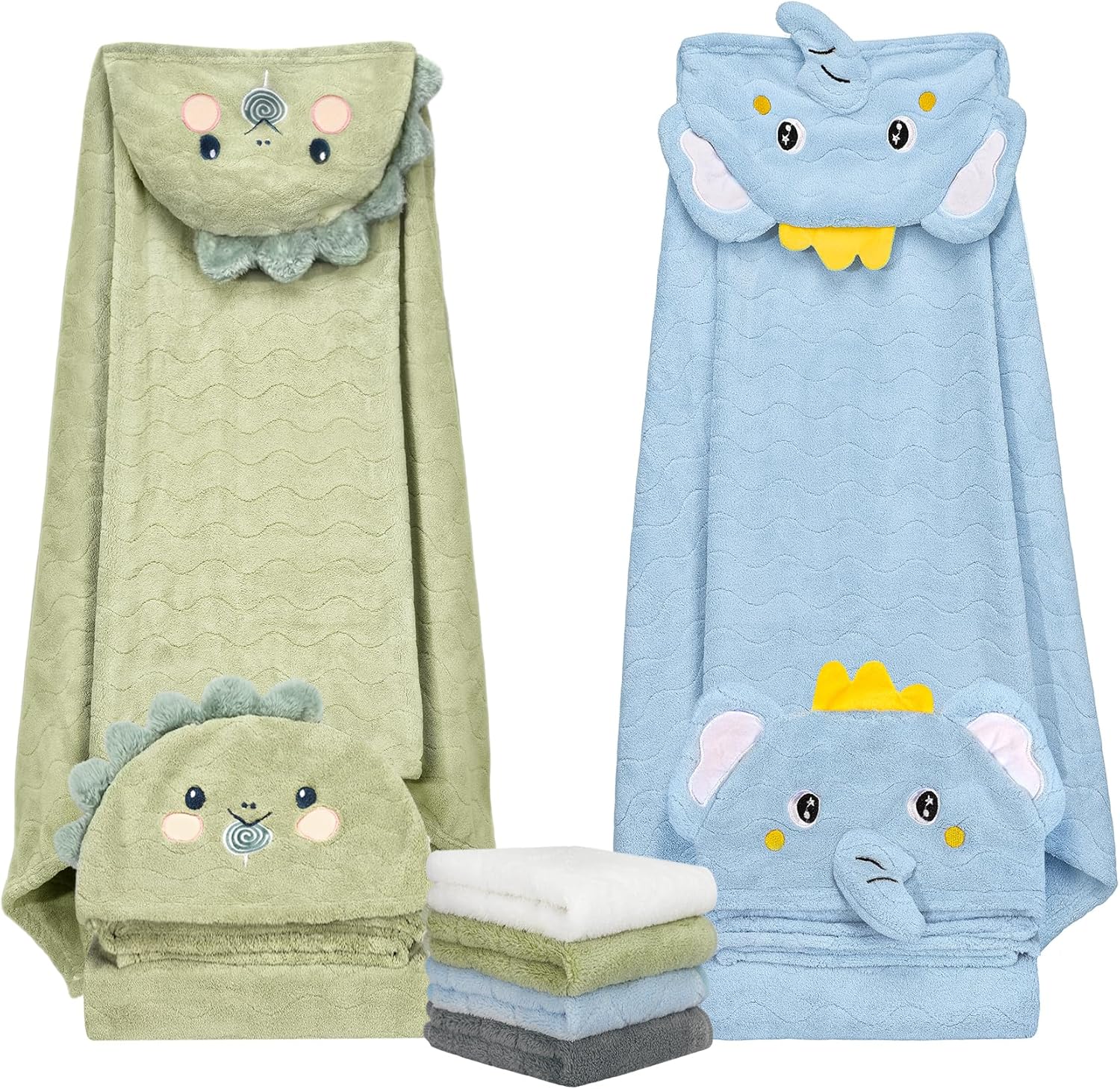 Candyhome 6 piece baby bath towel set featuring dinosaur and elephant hooded designs
