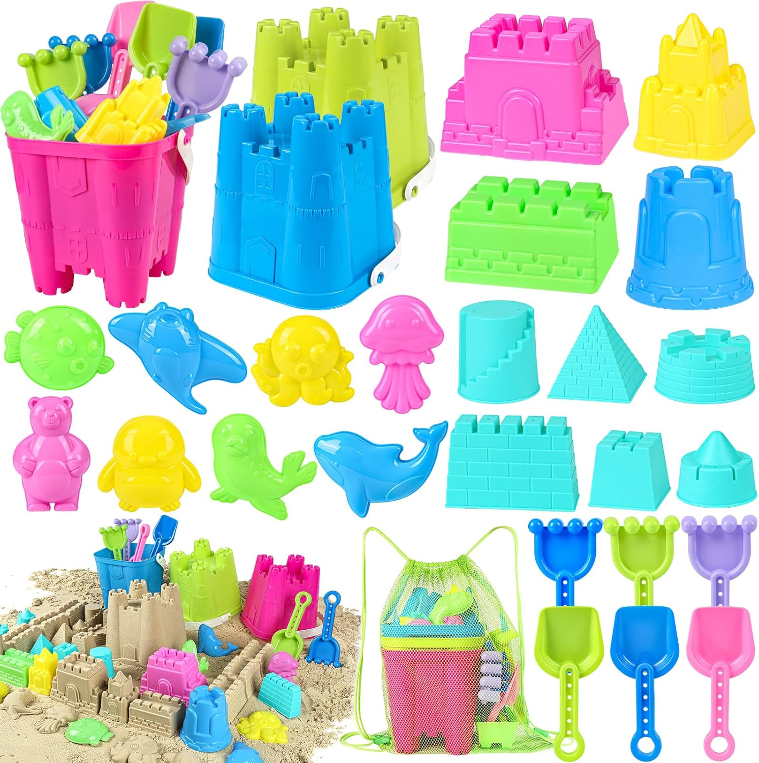 Kubusfly 28-piece toddler beach toy set with sand castle buckets
