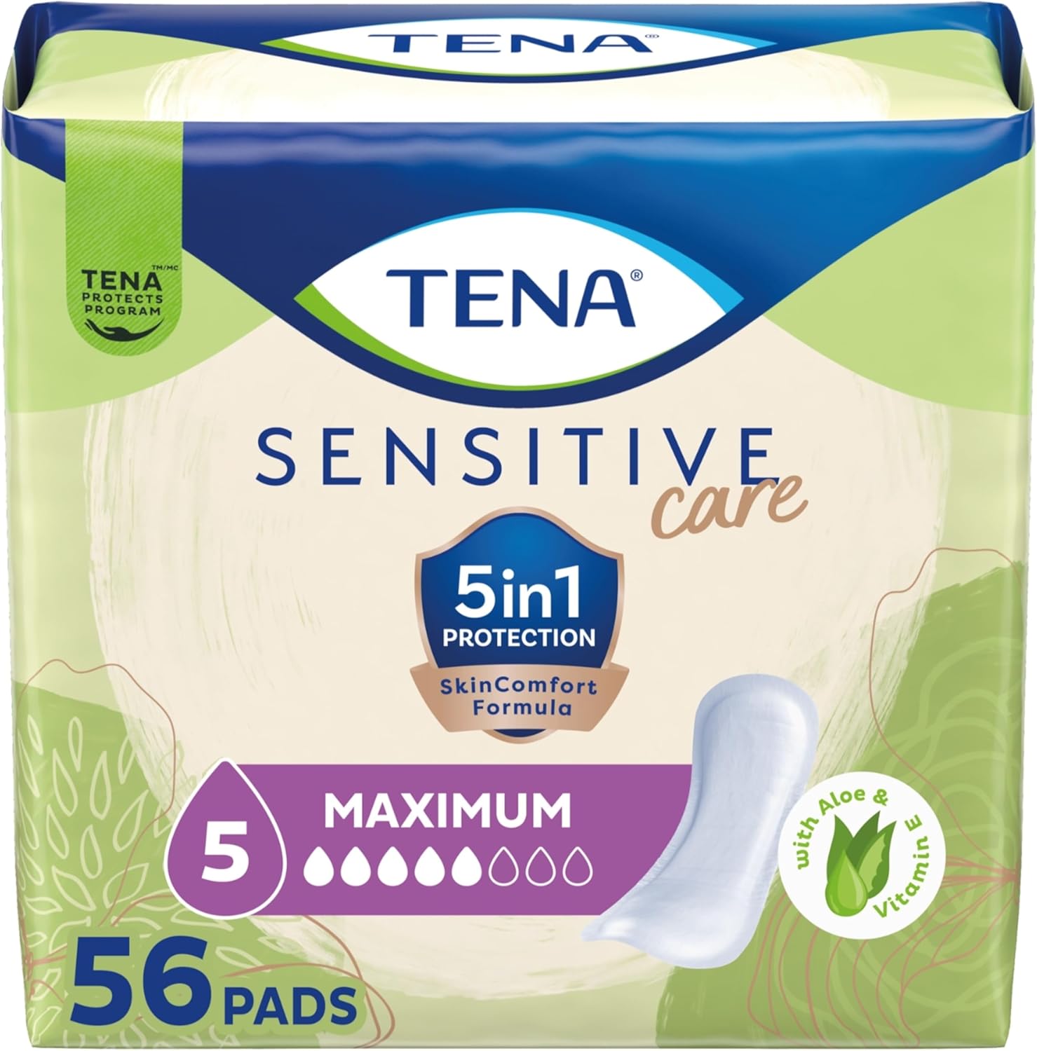 TENA Sensitive Care Maximum Pads 56 count pack front view for heavy leakage protection.