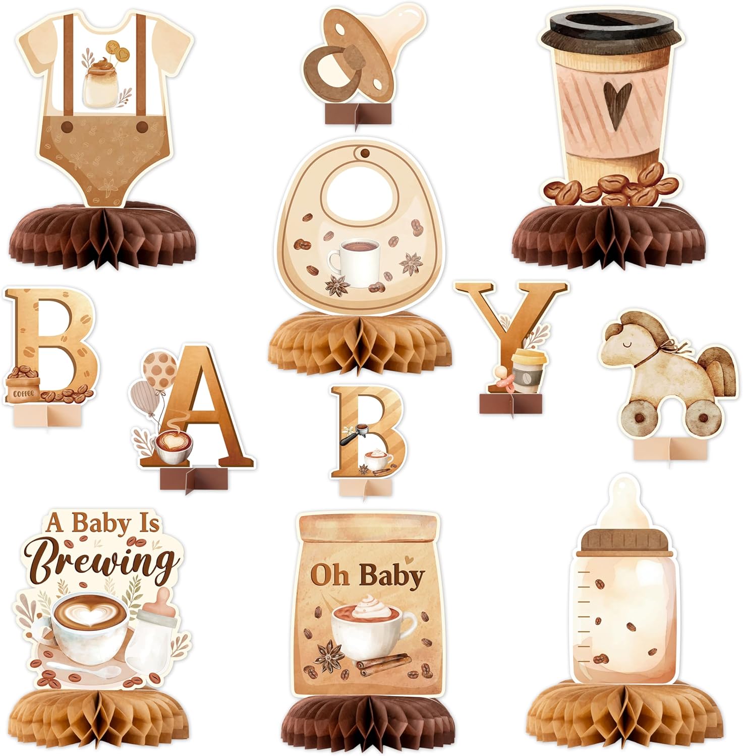 Angolio coffee themed baby shower honeycomb centerpieces front view