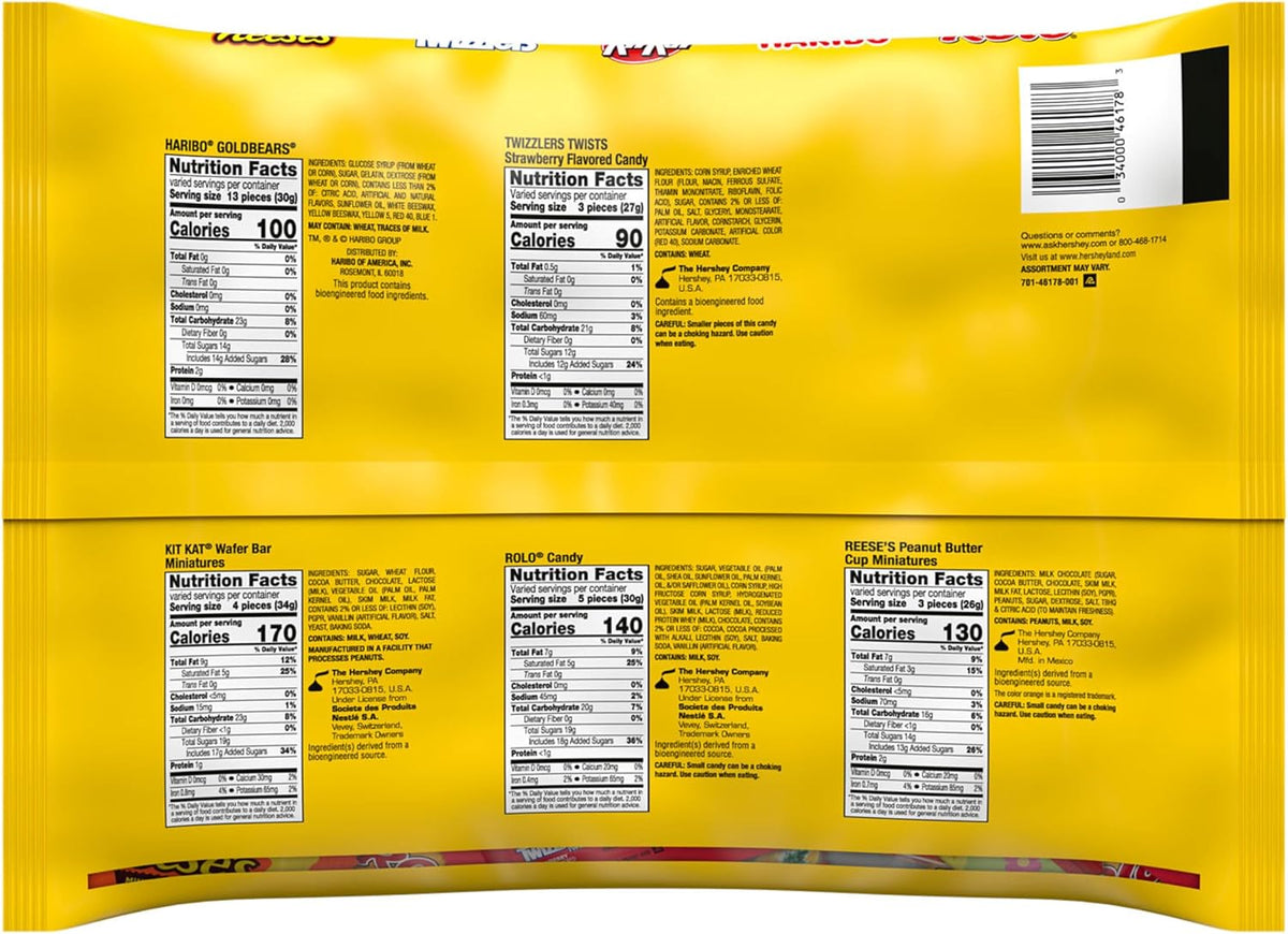 Hershey mixed variety candy packaging displaying Reese's, Kit Kat, and Twizzlers.