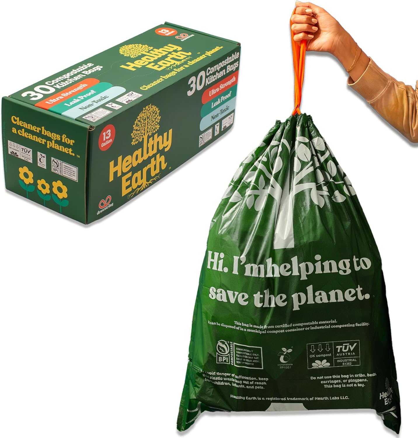 Healthy Earth 13 Gallon Compostable Drawstring Trash Bags front packaging view