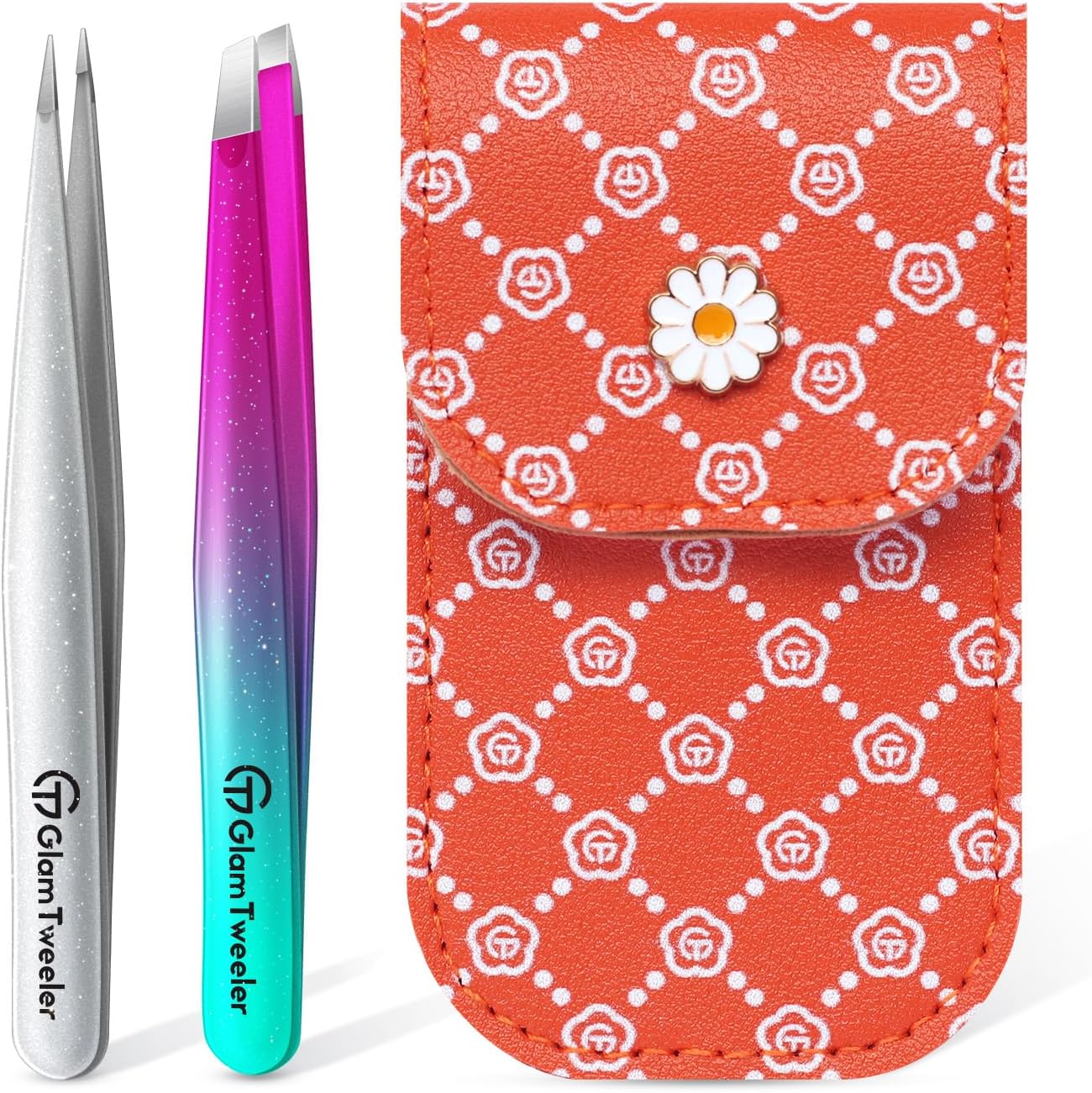 GlamTweeler Expert Slant and Point Tip Tweezer Set front view showing sparkle purple and turquoise precision grooming tools.