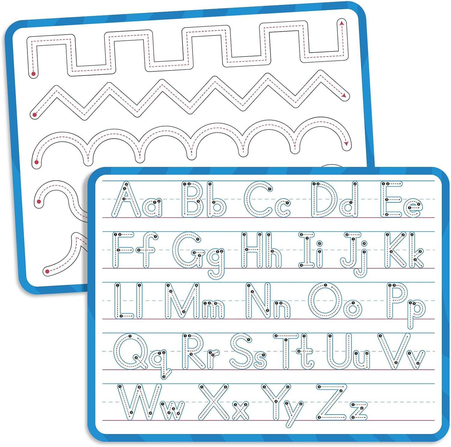 LUHEAGU alphabet handwriting practice dry erase board front view showcasing pre writing stroke paths and full uppercase and lowercase tracing guide
