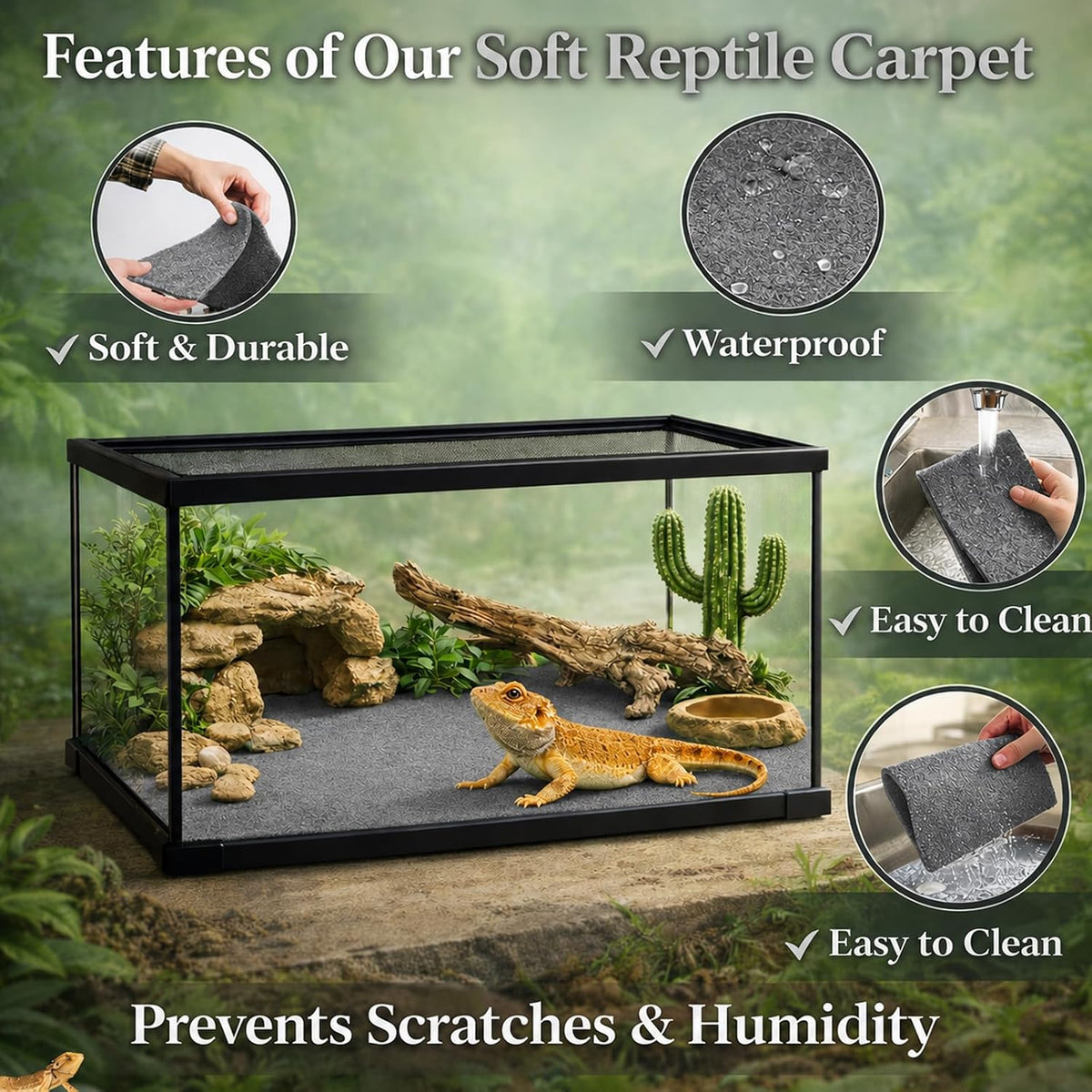 HERCOCCI reptile bedding mat cut to fit a bearded dragon glass tank.
