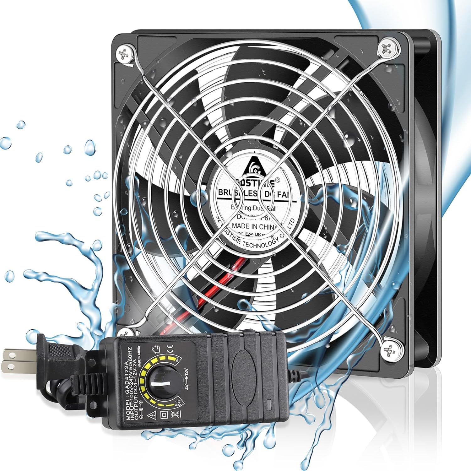 GDSTIME 120mm waterproof cooling fan front view showing the PBT plastic blades and dual ball bearing construction.