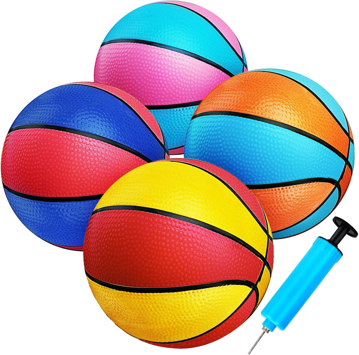 Qirptey 4 pack mini basketball set with included manual pump front view