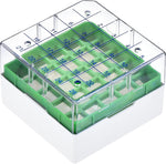 Uxcell centrifuge tube freezer storage box front view showing green 25-place grid