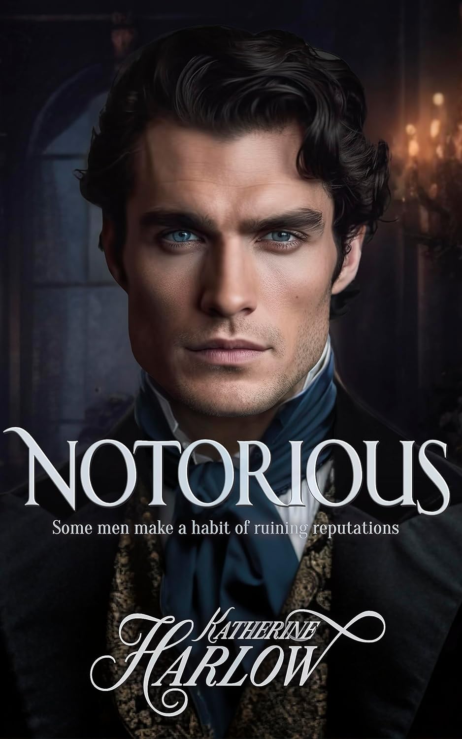 Katherine Harlow Notorious historical romance book front cover featuring a man in Victorian attire.