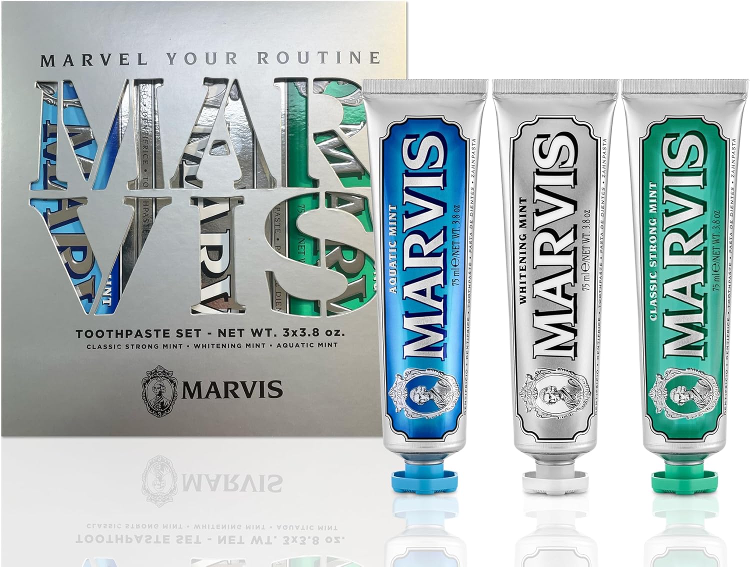 Marvis Best Sellers Trio front view showing three premium toothpaste tubes.
