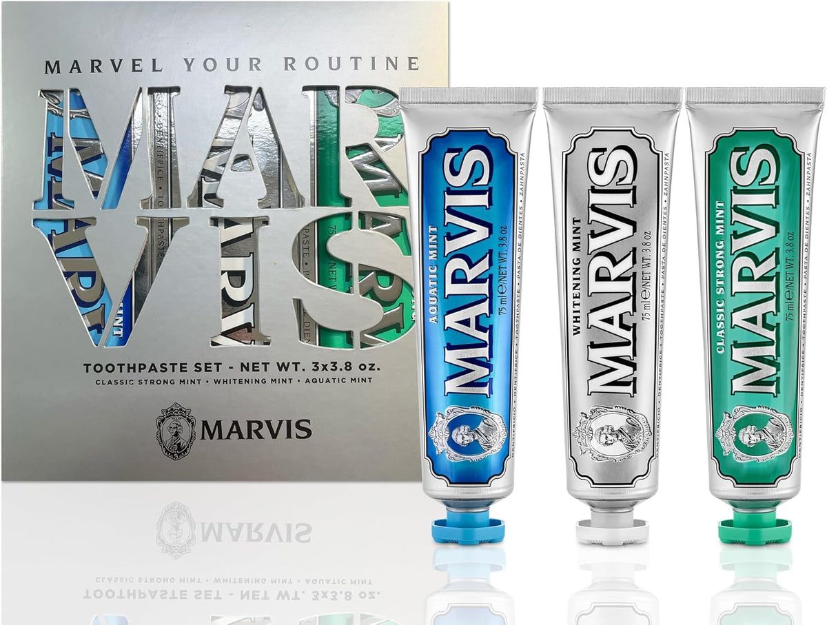 Marvis Best Sellers Trio front view showing three premium toothpaste tubes.