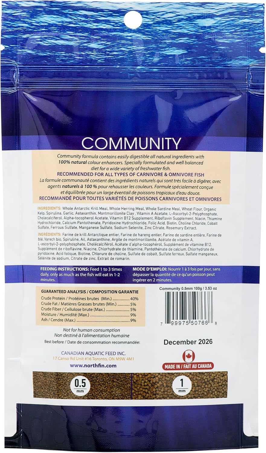 Northfin slow sinking pellets package back label