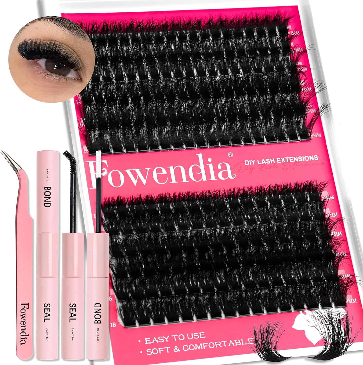 Fowendia Lash Clusters Kit containing fluffy individual lashes and bond and seal