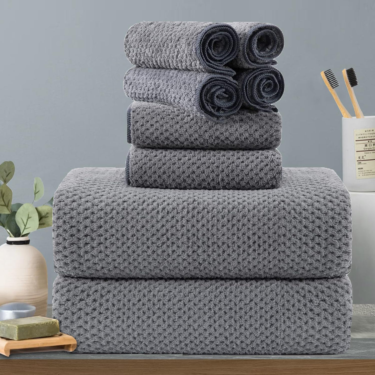 Hailea 8-piece gray bath towel set front view