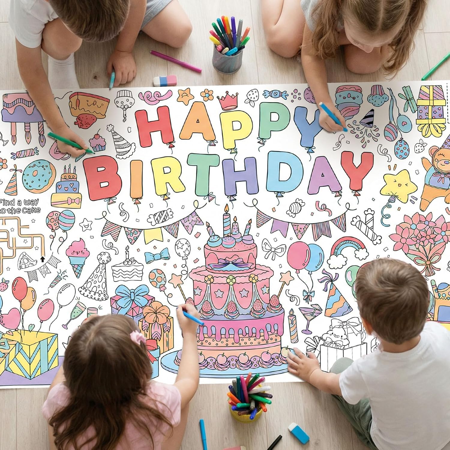 NatNarr Happy Birthday giant coloring poster front view displayed flat on a large table for kids party games.