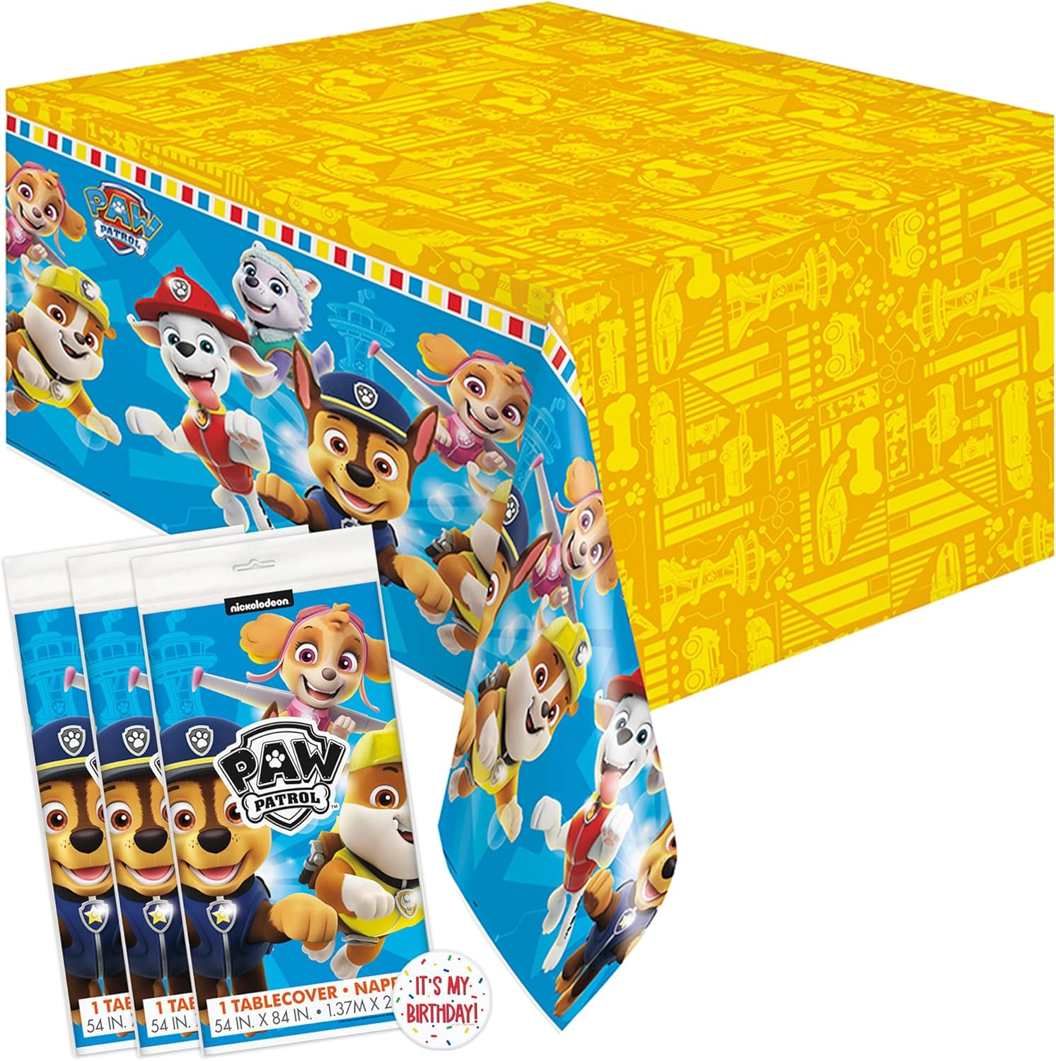 Unique Paw Patrol birthday decorations rectangular plastic tablecloth pack of three front view showing vibrant cartoon puppy characters.