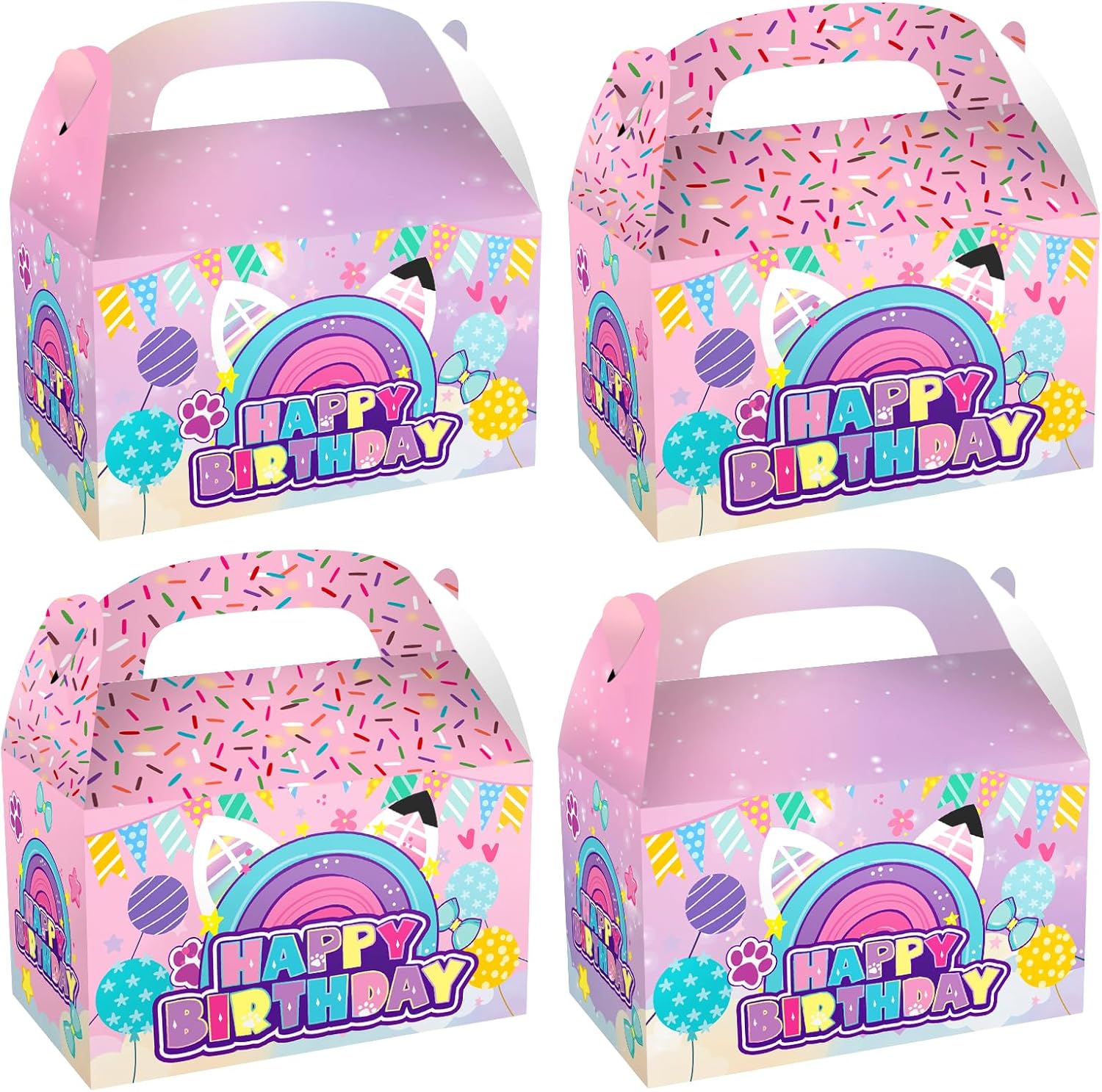 Terasilian cartoon cat party candy bags 16 pieces front view showing pink and purple pastel designs.