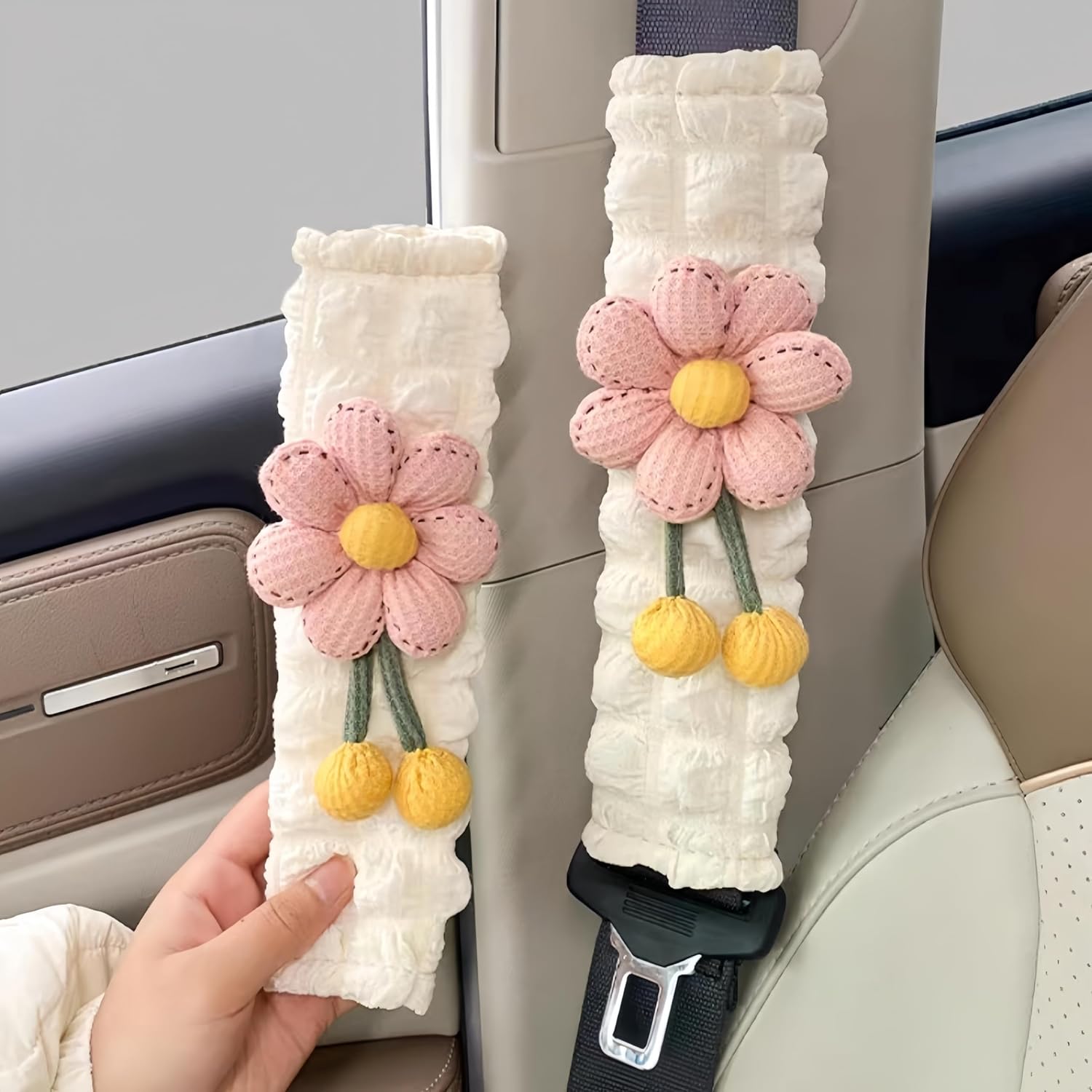 Zigihos cute flower seat belt cover pads pink front view