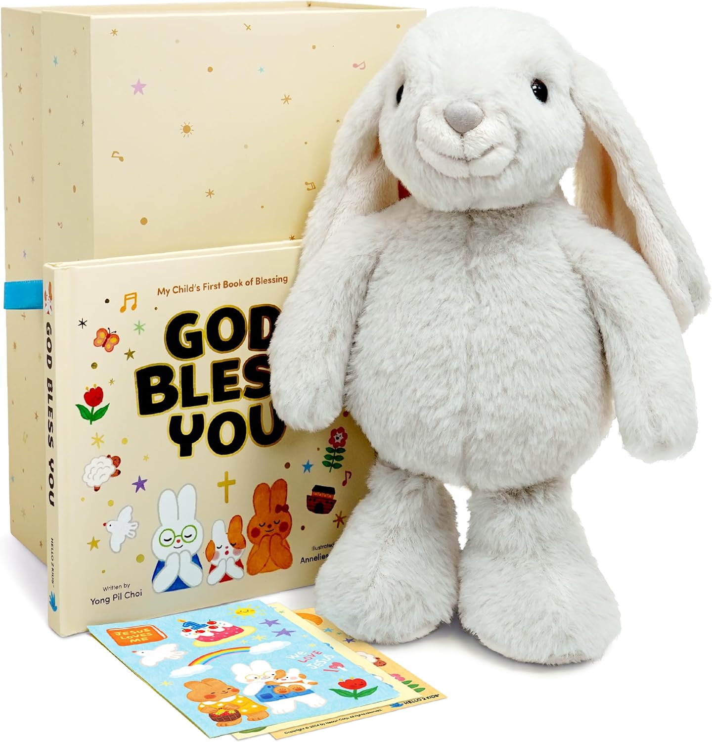 Hello 2 Kids Praise Bunny Christian Gift Set front view showcasing the eleven inch singing plush rabbit and hardcover blessing book.