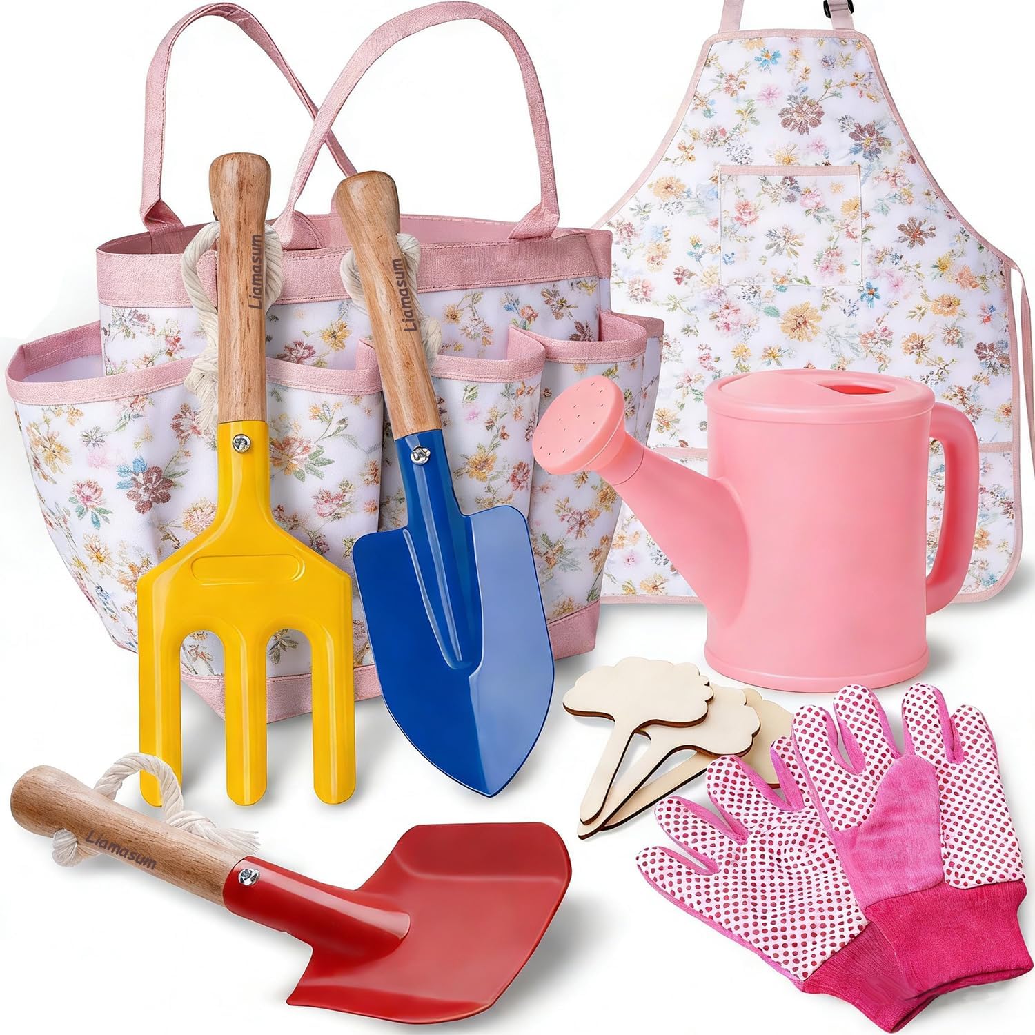 Liamasum kids gardening tools set front view with floral tote bag