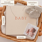 Peachly baby keepsake book open milestone page layout