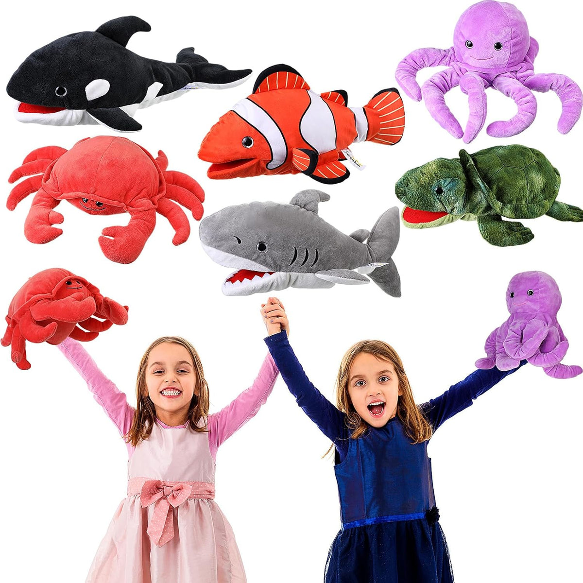 Liliful sea animal hand puppets kids plush set front view showing six marine characters.