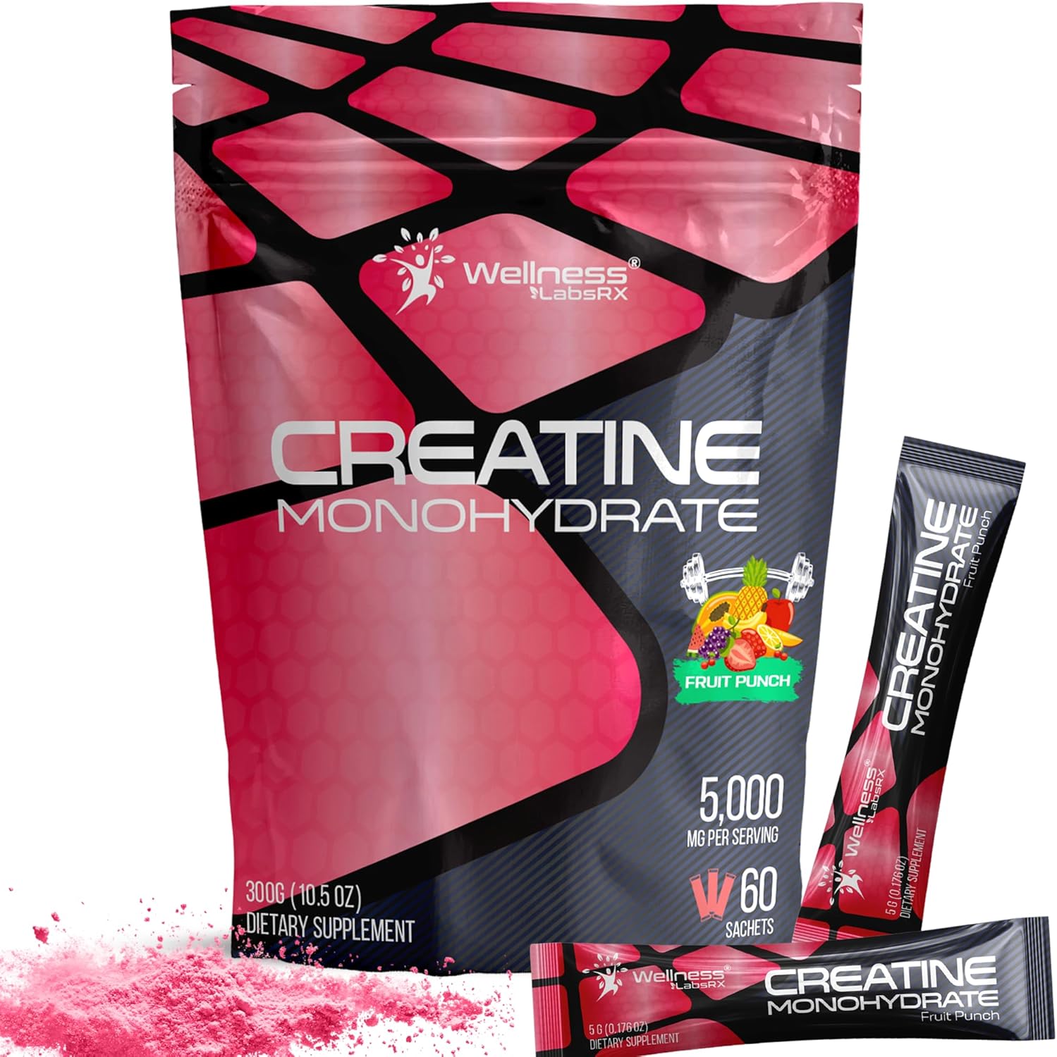 WELLNESS LABSRX Creatine Monohydrate Powder Sachets 300g - Fruit Punch Flavor Micronized Creatine Powder Supplement, Creatine for Women and Men, Supports Strength, Energy, Performance - 60 Servings - Image 1
