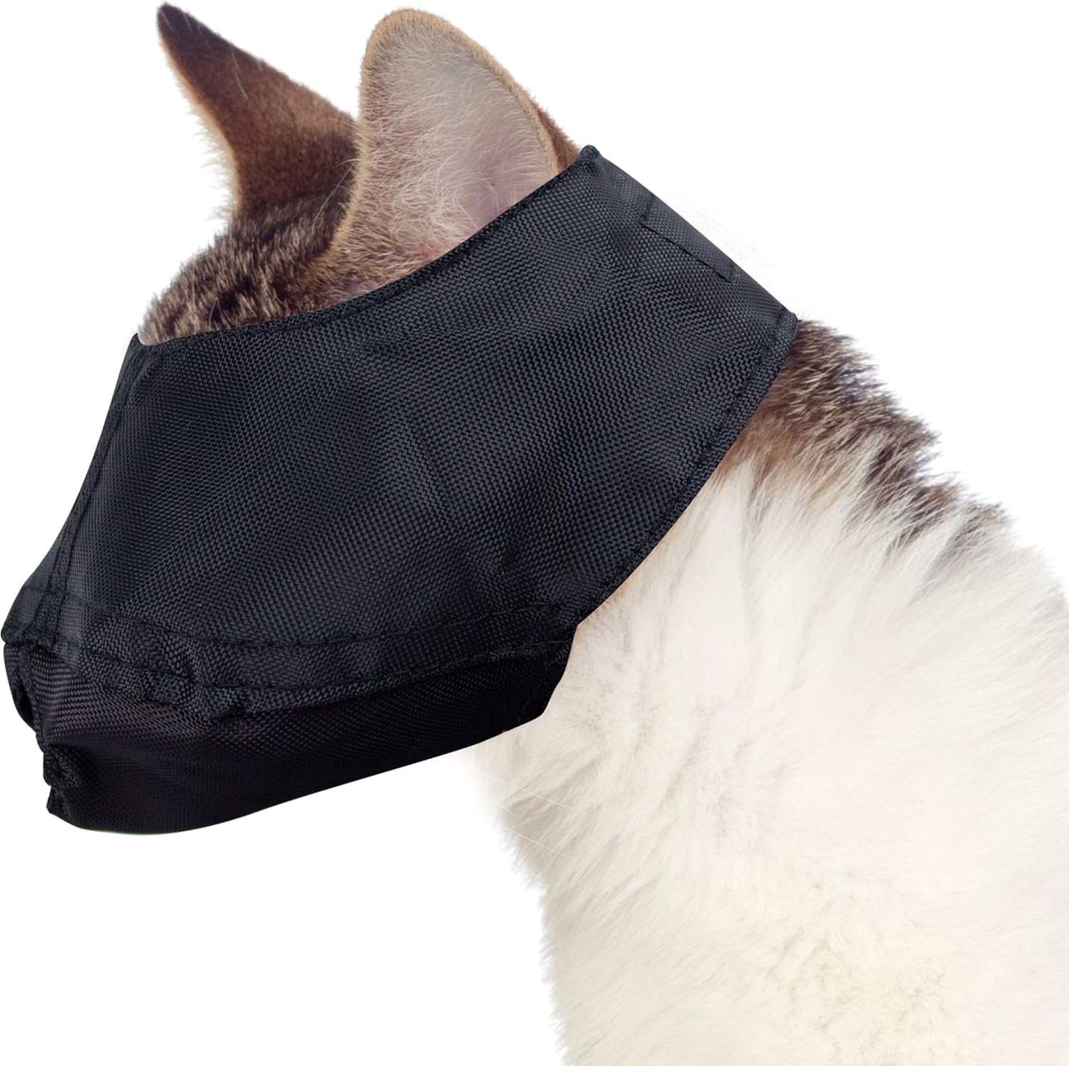 Downtown Pet Supply Cat Muzzle Medium front view of black nylon grooming restraint.