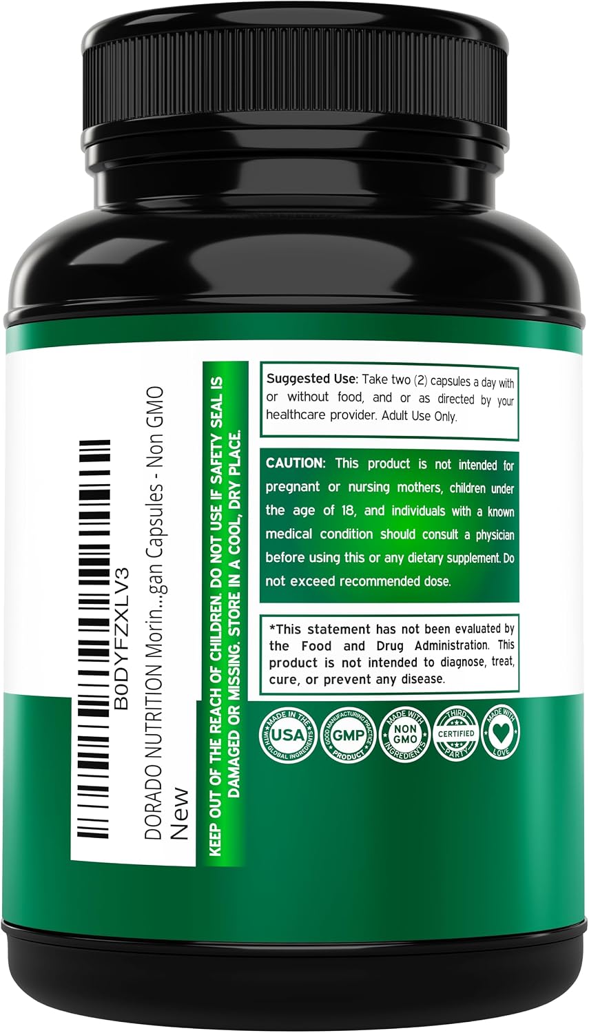 Side view of Dorado Nutrition moringa capsules packaging