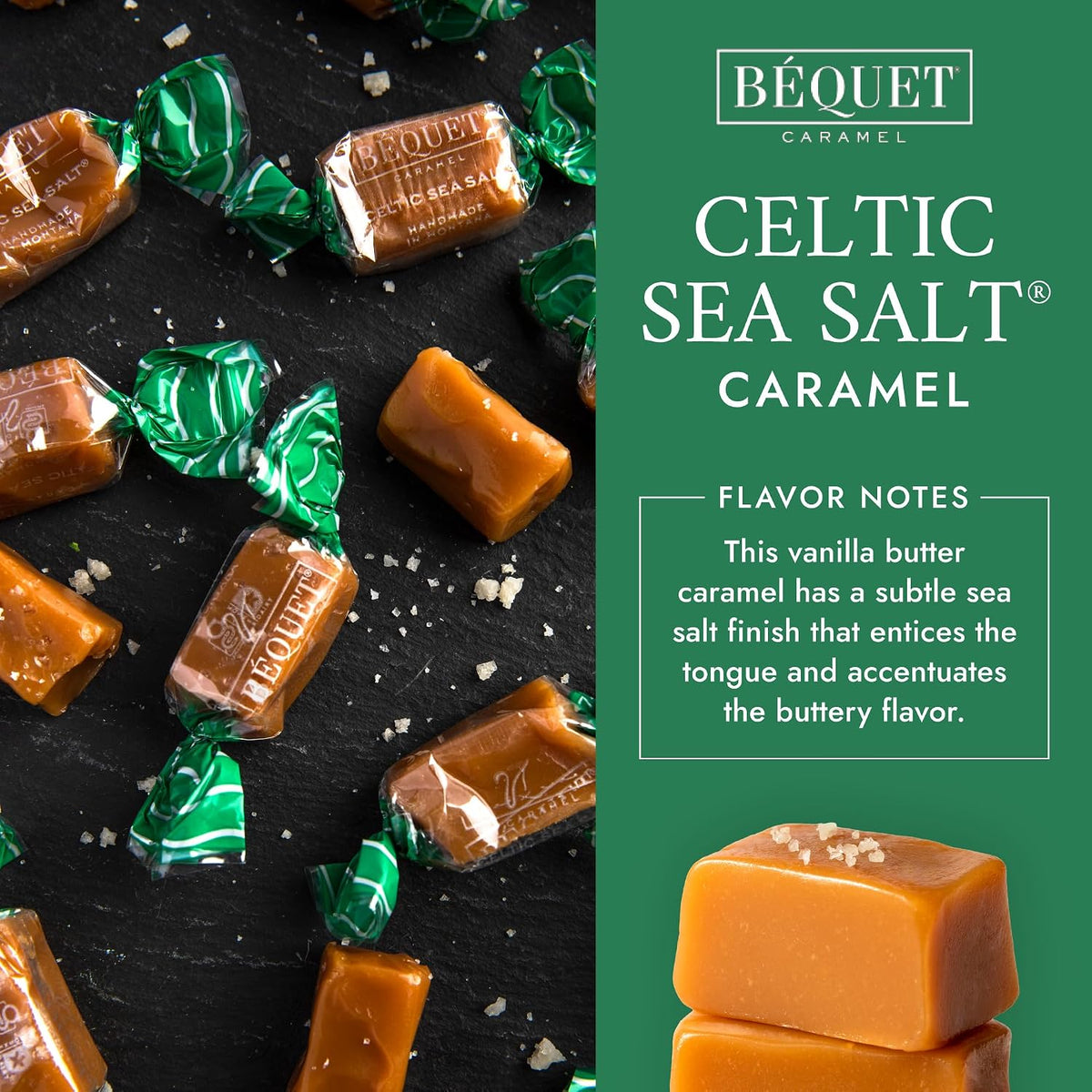 Back of Béquet Celtic sea salt caramel pouch showing gluten free logo