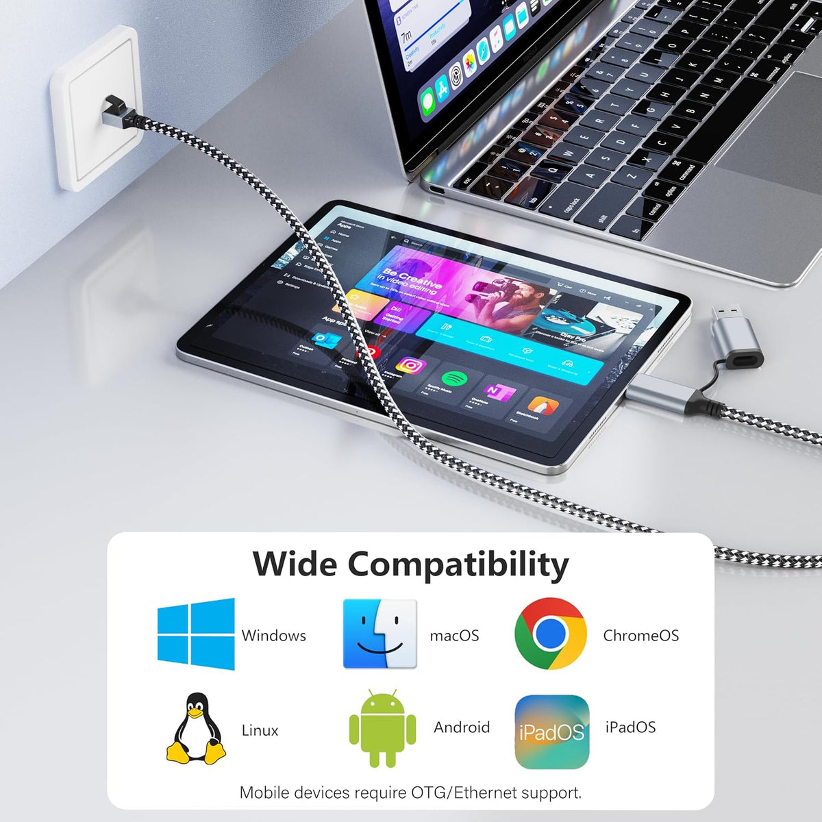 Jadaol universal compatibility cable displayed with accessories