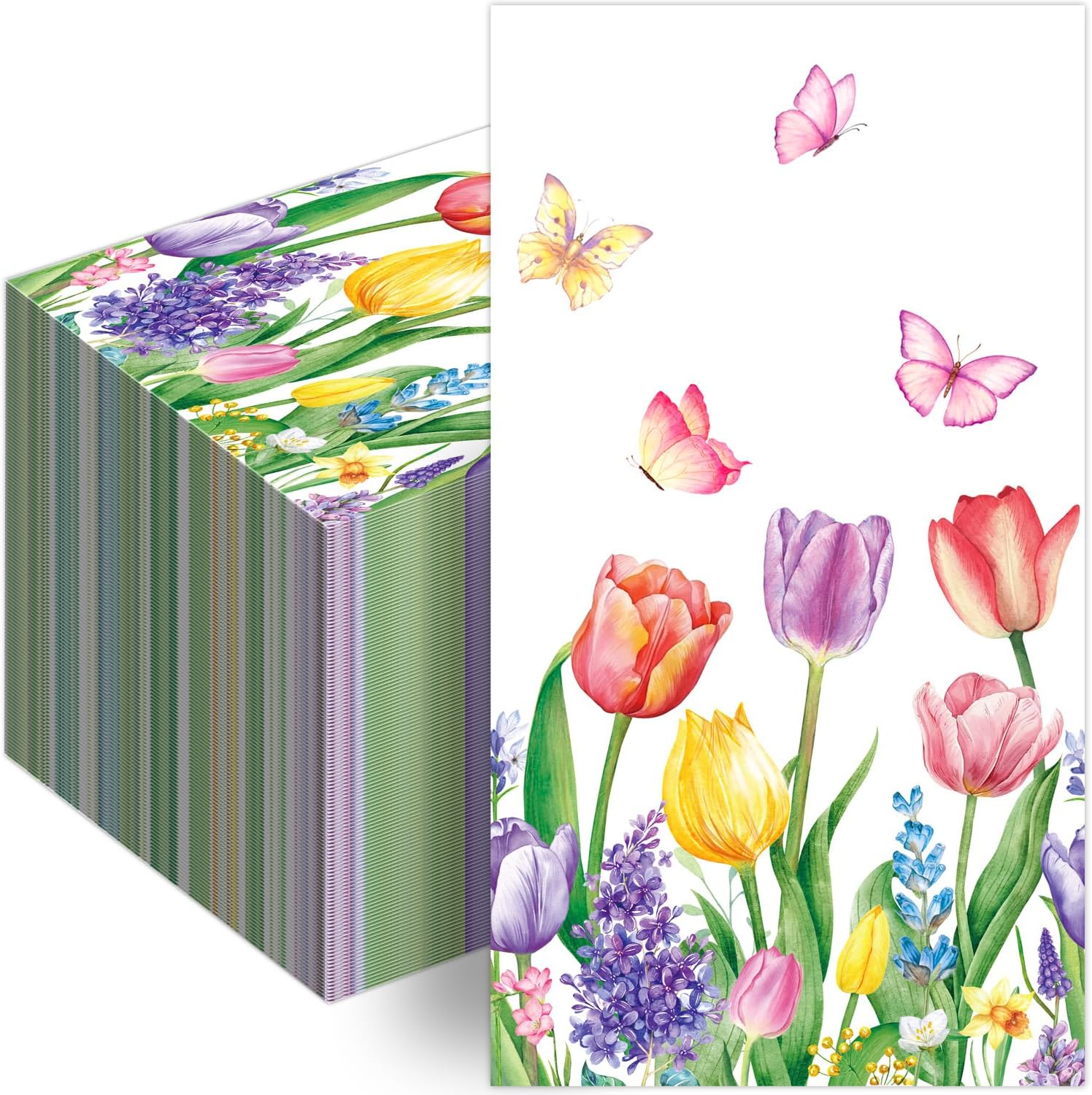 QIYANPAX spring floral disposable paper guest napkins front view showing vibrant watercolor tulips