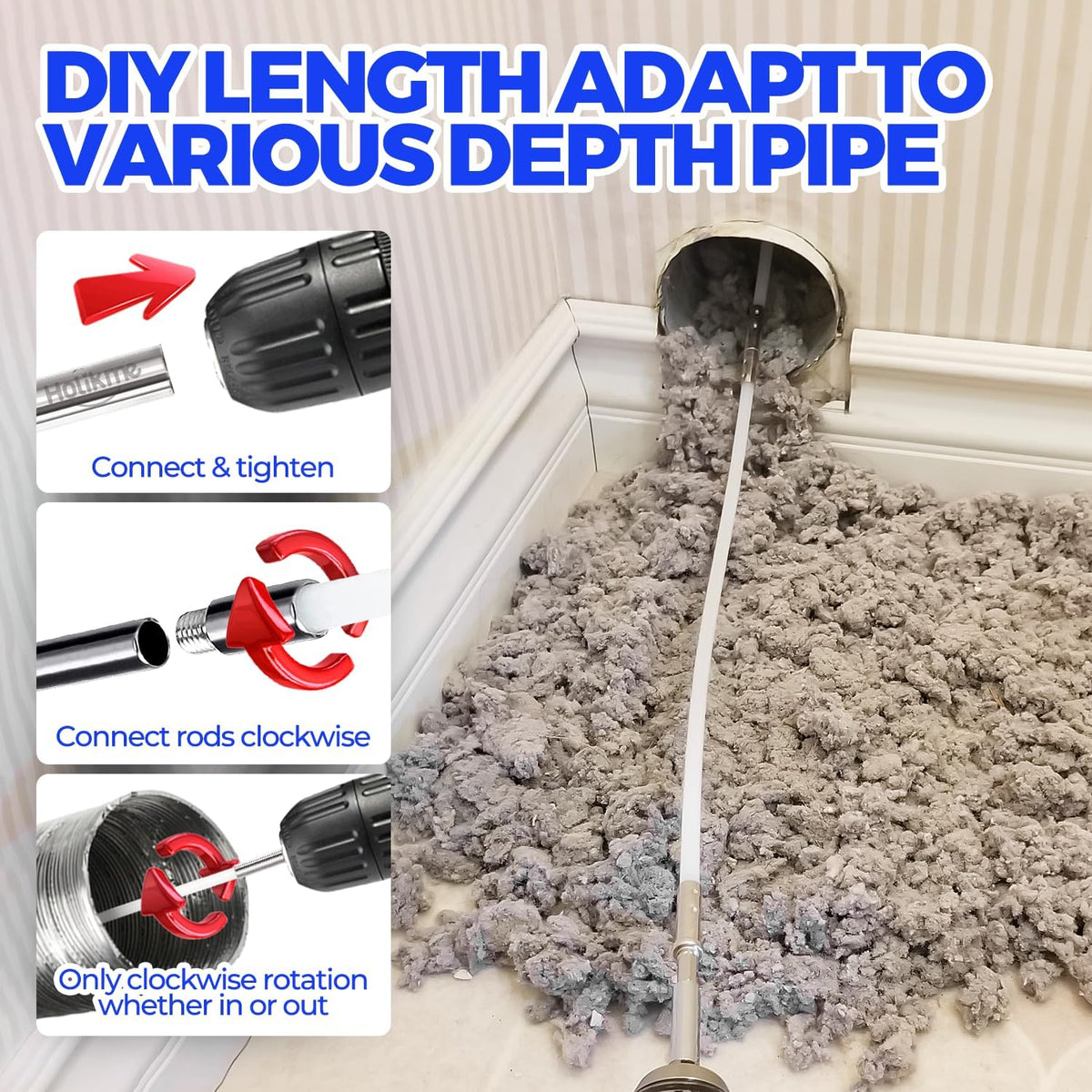 Power drill attachment connected to flexible extension rods