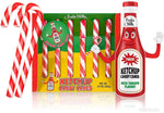 Six red and white striped ketchup flavored holiday candy canes displayed outside the packaging.